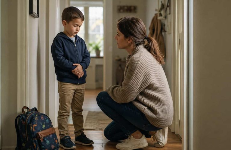 Die 7 Bauch-Spuren – welches Muster zeigt dein Kind gerade? Kind steht mit verschränkten Armen vor dem Schulrucksack – Stress-Bauch vor der Schule als Körpersignal erkennen