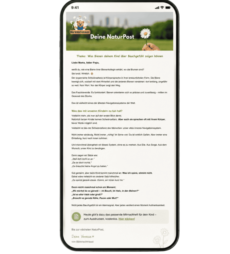 Bärenschmausi's NaturPost – kostenloser Newsletter für Familien NaturPost von Bärenschmausi auf dem Smartphone – kostenloser Familien-Newsletter alle zwei Wochen für Eltern von Kindern 5–8.