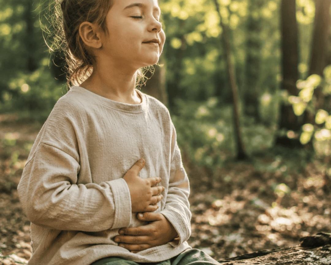 Mädchen sitzt entspannt im Wald, Hände auf dem Bauch – Körpergefühl und inneren Kompass bei Kindern von 5 bis 8 Jahren stärken.
