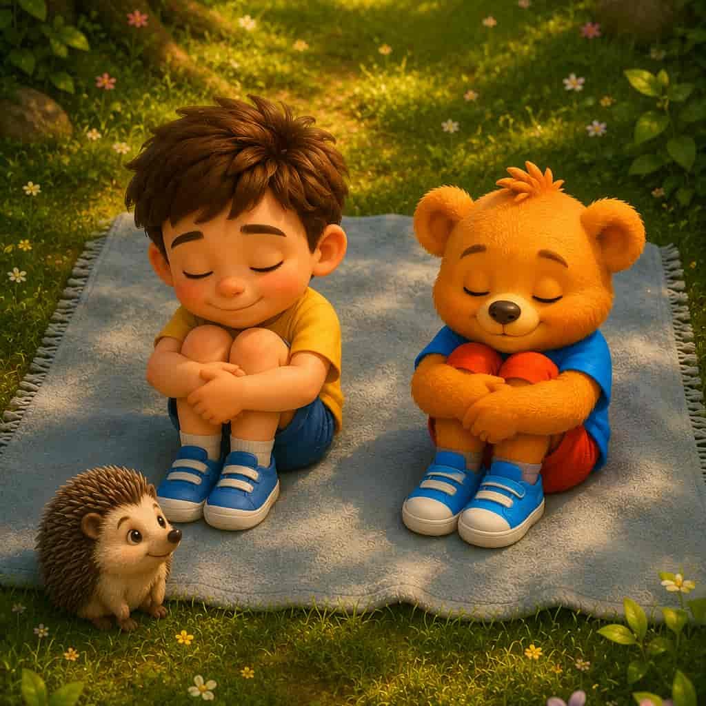 Ein Kind und Bärenschmausi rollen sich wie ein Igel zusammen und üben Geborgenheit und Ruhe.