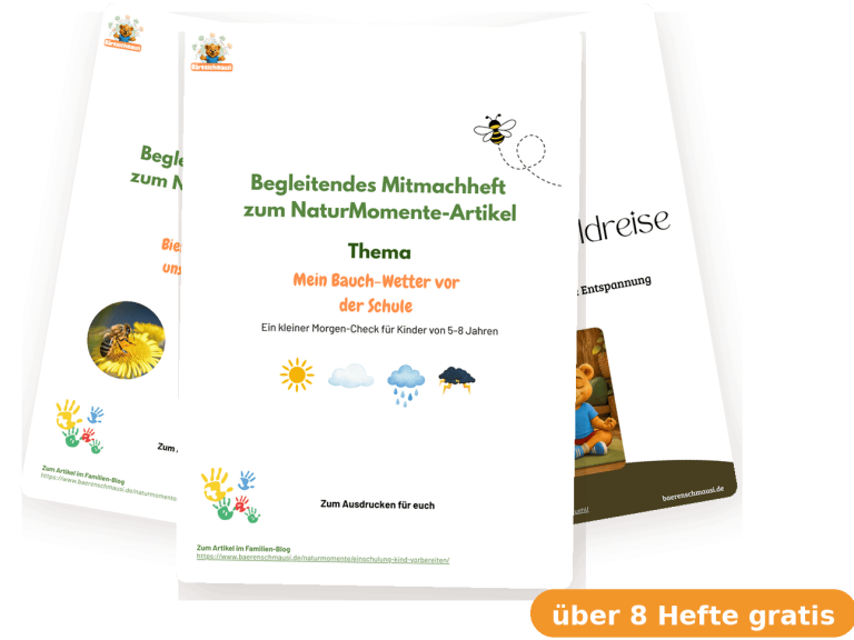 Kostenlose Mitmachhefte von Bärenschmausi als Stapel – Willkommensgeschenk der NaturPost, über 8 Hefte zum Ausdrucken für Kinder von 5 bis 8