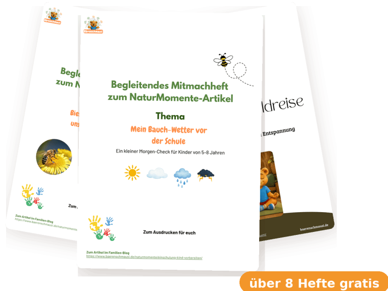 willkommensgeschenk Kostenlose Mitmachhefte von Bärenschmausi als Stapel – Willkommensgeschenk der NaturPost, über 8 Hefte zum Ausdrucken für Kinder von 5 bis 8
