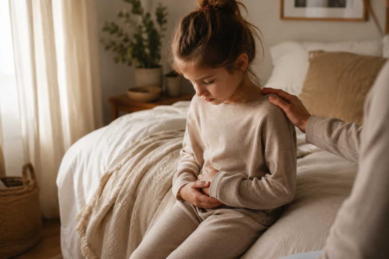 Kind liegt im Bett und fasst sich an den Bauch – Bauchschmerzen ohne Befund bei Kindern Kind liegt im Bett und fasst sich an den Bauch – Bauchschmerzen ohne Befund bei Kindern