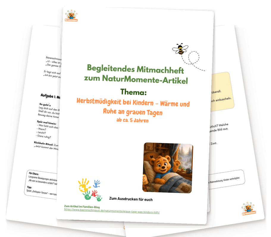 Kostenloses Mitmachheft Herbstmüdigkeit bei Kindern Mitmachheft für graue Herbsttage mit Übungen für Wärme, Ruhe und Körpergefühl bei Kindern ab fünf Jahren.