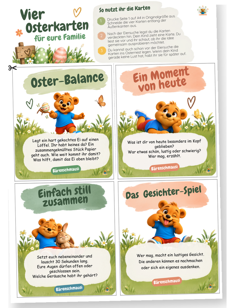 Kostenlose Familienkarten fürs Osternest Kostenlose Familienkarten für Ostern mit kleinen Aufgaben zum Mitmachen, Lachen, Innehalten und gemeinsamen Spüren.