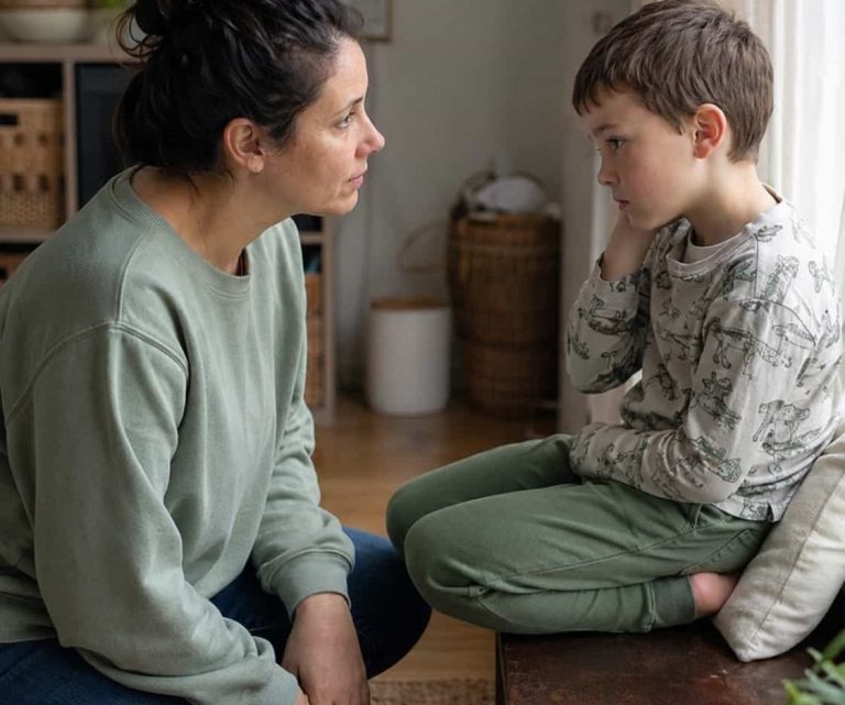 Mutter begleitet ein Kind mit Bauchschmerzen und emotionalem Stress im Familienalltag. Mutter sitzt ihrem Grundschulkind gegenüber und hört ihm zu, während das Kind über Bauchschmerzen oder Sorgen spricht.