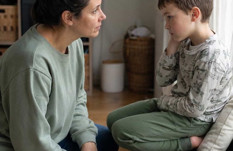 Elternteil geht auf Augenhöhe mit Kind – ruhige Reaktion im Moment bevor die Wut eskaliert