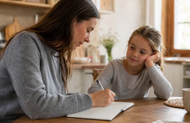 Wenn Bauchweh zur Gewohnheit wird – was Kinder zwischen 5 und 8 Jahren langfristig stärkt Mutter schreibt Bauchweh-Beobachtungen in ein Notizbuch, Kind sitzt ruhig daneben — Muster erkennen für das Arztgespräch