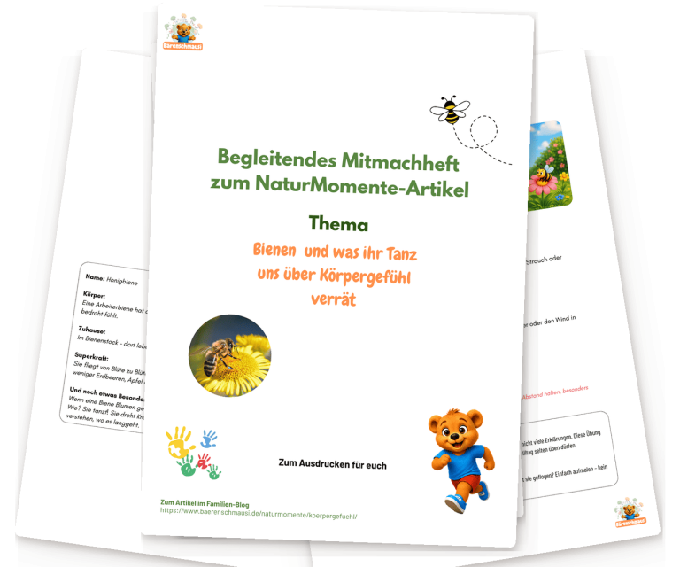 Bienen-Mitmachheft zum Ausdrucken mit drei Naturübungen, die das Körpergefühl und die Körperwahrnehmung von Kindern zwischen 5 und 8 Jahren 