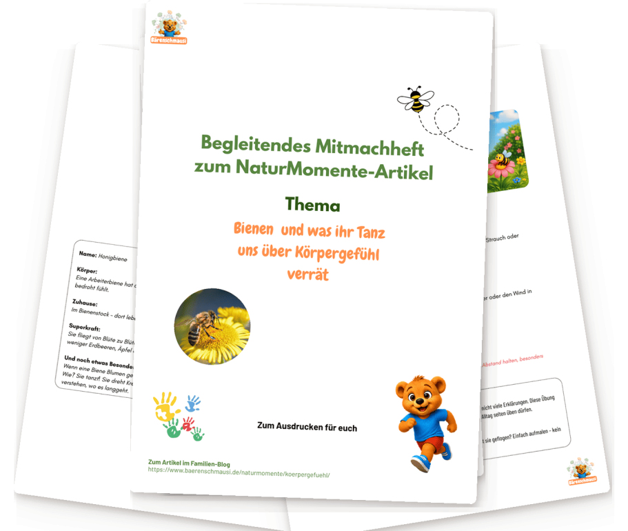 Kostenloses Mitmachheft Bienen und Körpergefühl Mitmachheft über Bienen und Körpergefühl mit kleinen Übungen für Naturwahrnehmung, Bewegung und innere Ruhe.