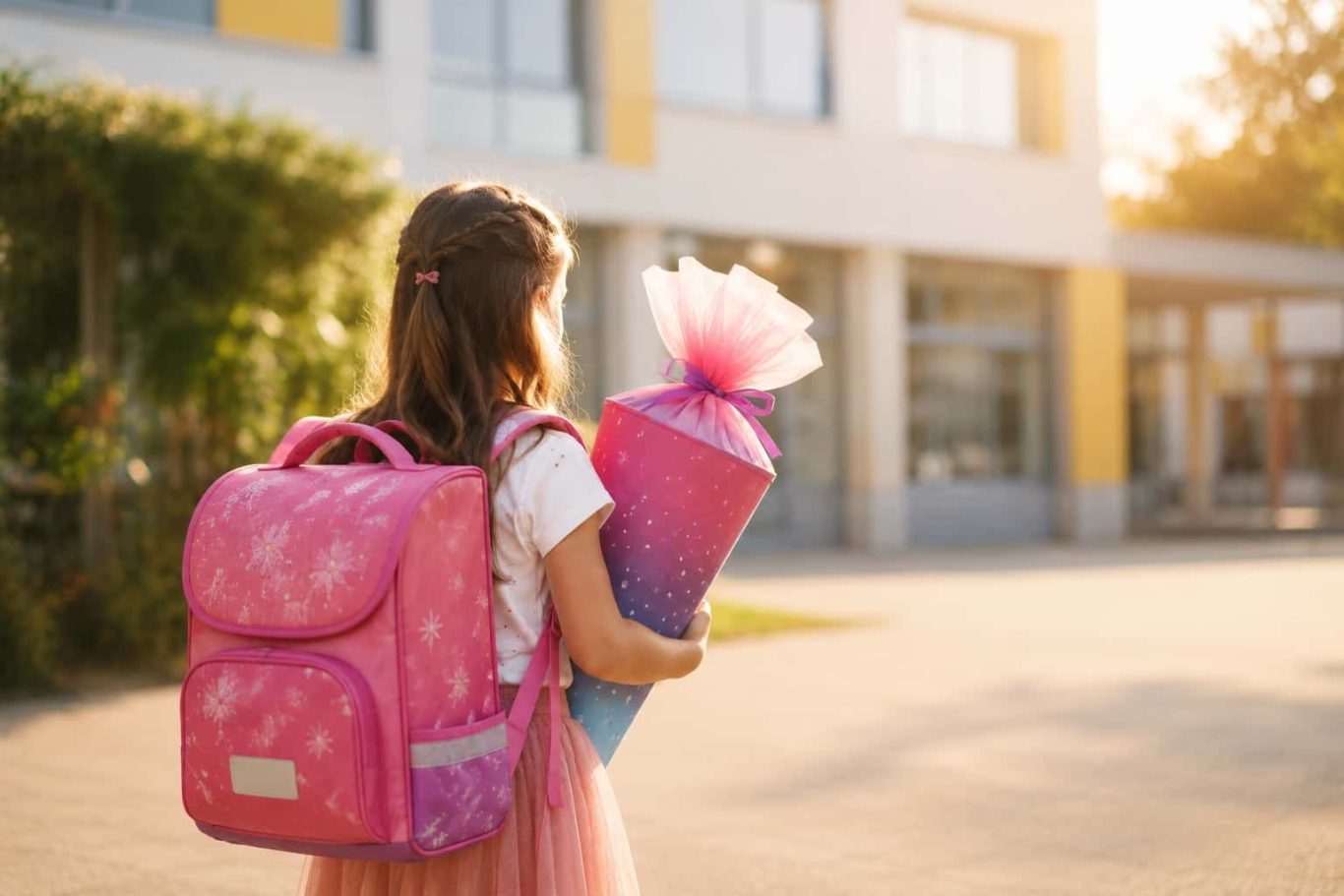 Einschulung vorbereiten Kind mit Schulranzen und Schultüte vor der Schule – entspannt die Einschulung vorbereiten
