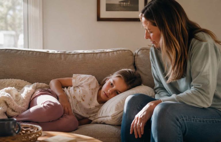 koerperfluestern-7-bauch-signale-kind-koerpersignale-wahrnehmen Kind sitzt ruhig und hält sich den Bauch — Bauch-Signale bei Kindern zwischen 5 und 8 Jahren erkennen und einordnen