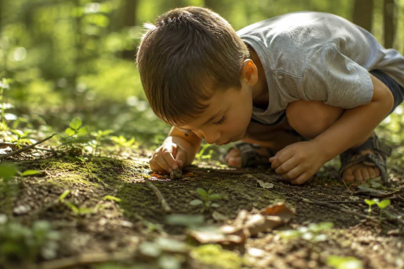 Kind erkundet Natur im Gras – Naturerfahrung statt Bildschirmzeit für Grundschulkinder Kind erkundet Natur im Gras – Naturerfahrung statt Bildschirmzeit für Grundschulkinder