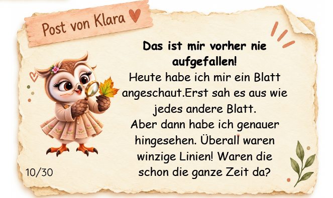 Post von Klara – Botschaft 10: Was entdeckt man beim genauen Hinsehen? Illustrierte Botschaft von Eule Klara über ein Blatt, auf dem sie beim genaueren Hinsehen winzige Linien entdeckt. Eine kleine Frage über Au