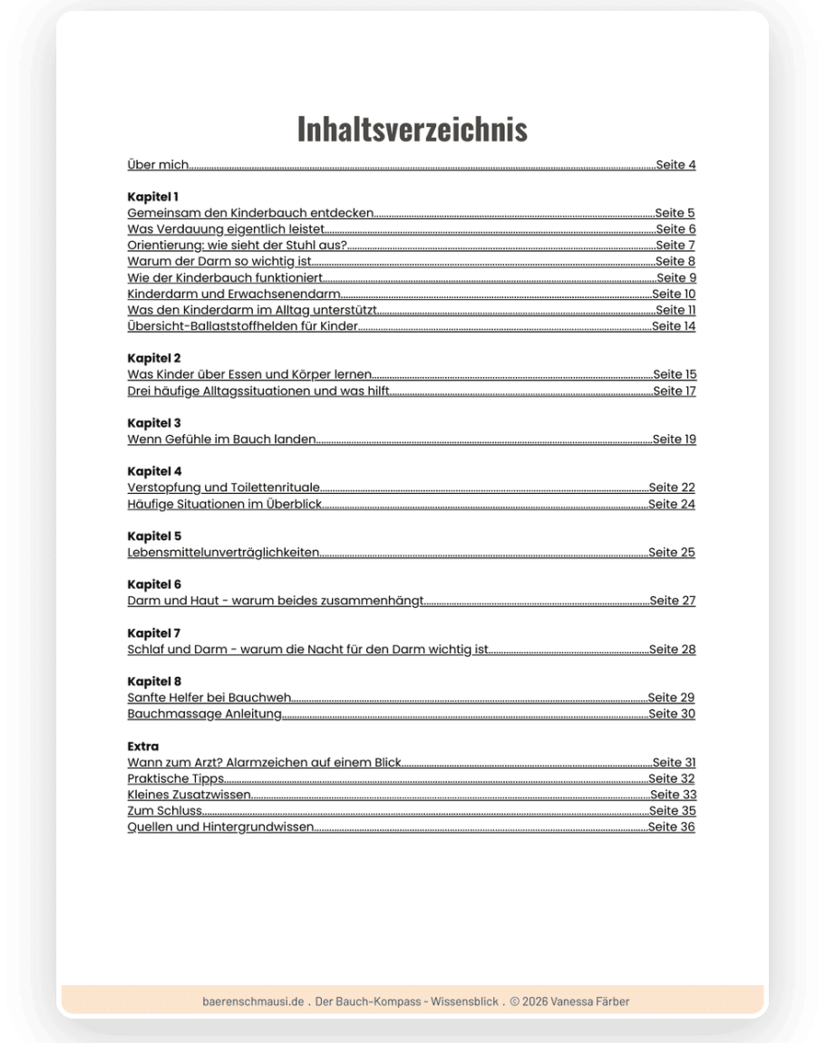  Inhaltsverzeichnis des Elternhefts aus dem Bauch-Kompass mit acht Kapiteln zu Verdauung, Körpergefühl, Bauchmassage und Warnzeichen – über 