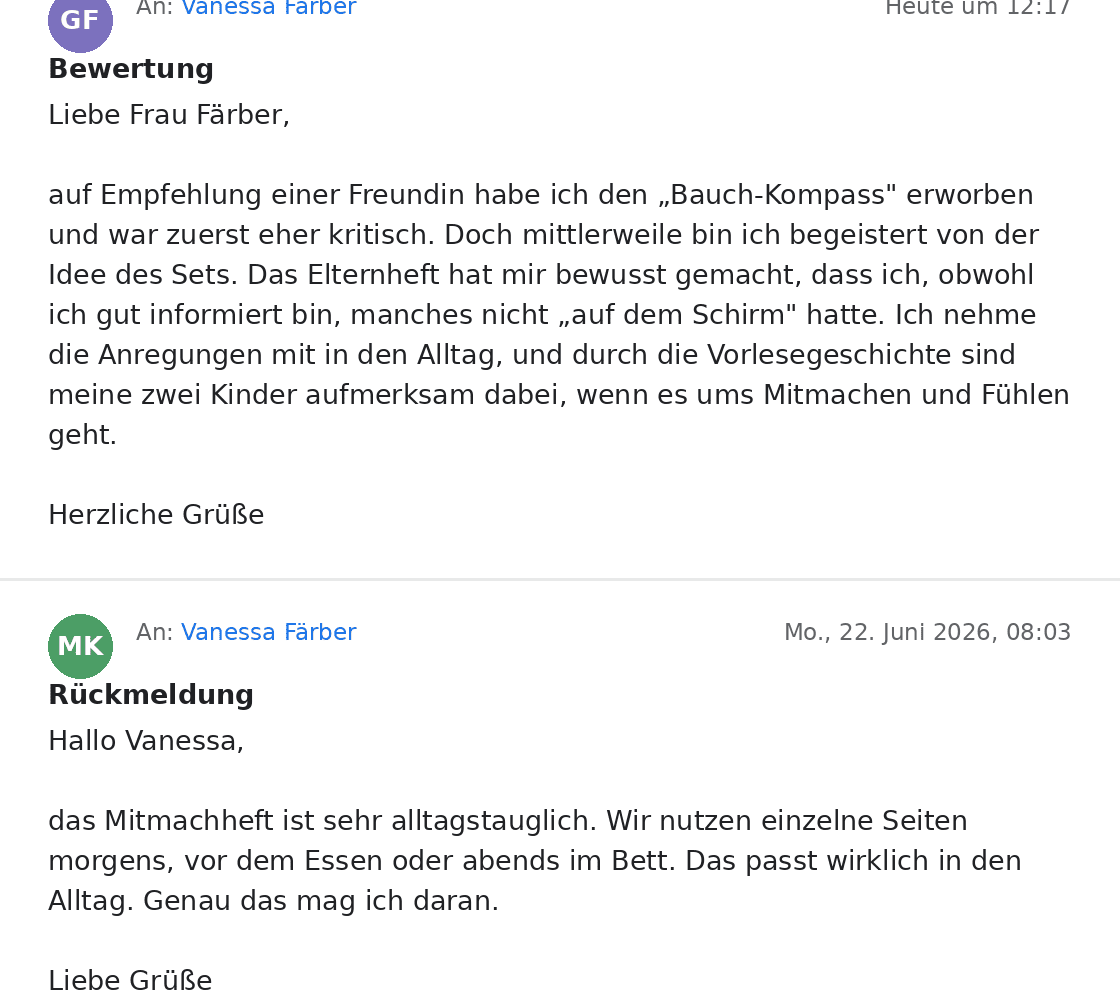 Zwei E-Mail-Bewertungen zum Bauch-Kompass: Eine Mutter kam über die Empfehlung einer Freundin, war zuerst kritisch und ist jetzt begeistert 