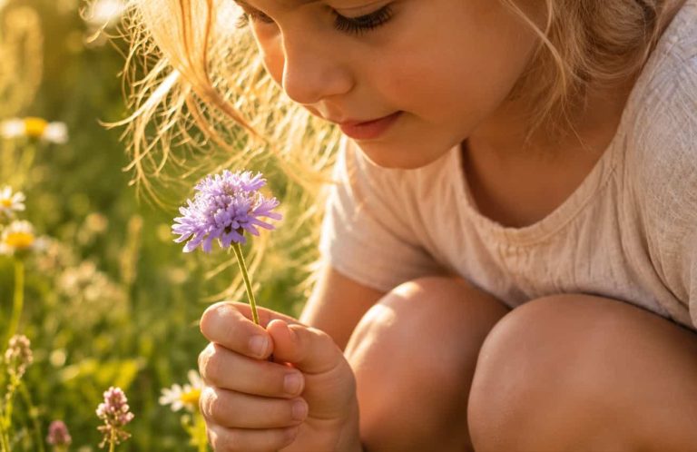 Körpergefühl bei Kindern stärken – Naturübung Kind entdeckt eine Blume bei einer Naturübung zur Stärkung des Körpergefühls