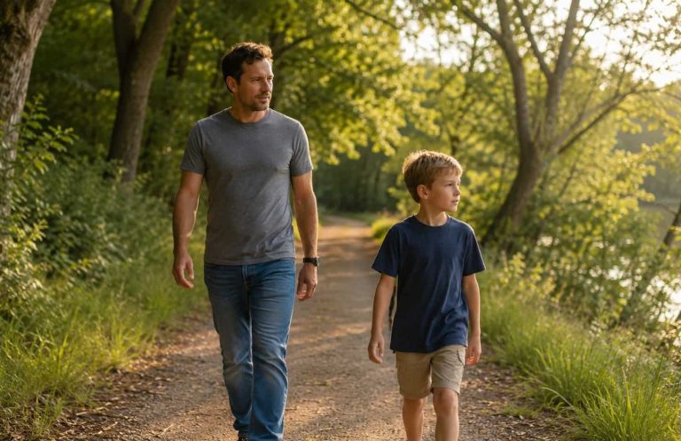 Wenn Bauchweh zur Gewohnheit wird – was Kinder zwischen 5 und 8 Jahren langfristig stärkt Kind und Elternteil spazieren entspannt in der Natur – langfristige Stärkung bei Kindern mit häufigen Bauchschmerzen