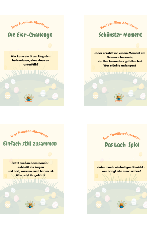 Kostenlose Familienkarten fürs Osternest Kostenlose Familienkarten für Ostern mit kleinen Aufgaben zum Mitmachen, Lachen, Innehalten und gemeinsamen Spüren.