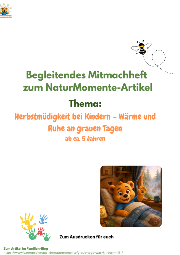 Kostenloses Mitmachheft Herbstmüdigkeit bei Kindern Mitmachheft für graue Herbsttage mit Übungen für Wärme, Ruhe und Körpergefühl bei Kindern ab fünf Jahren.
