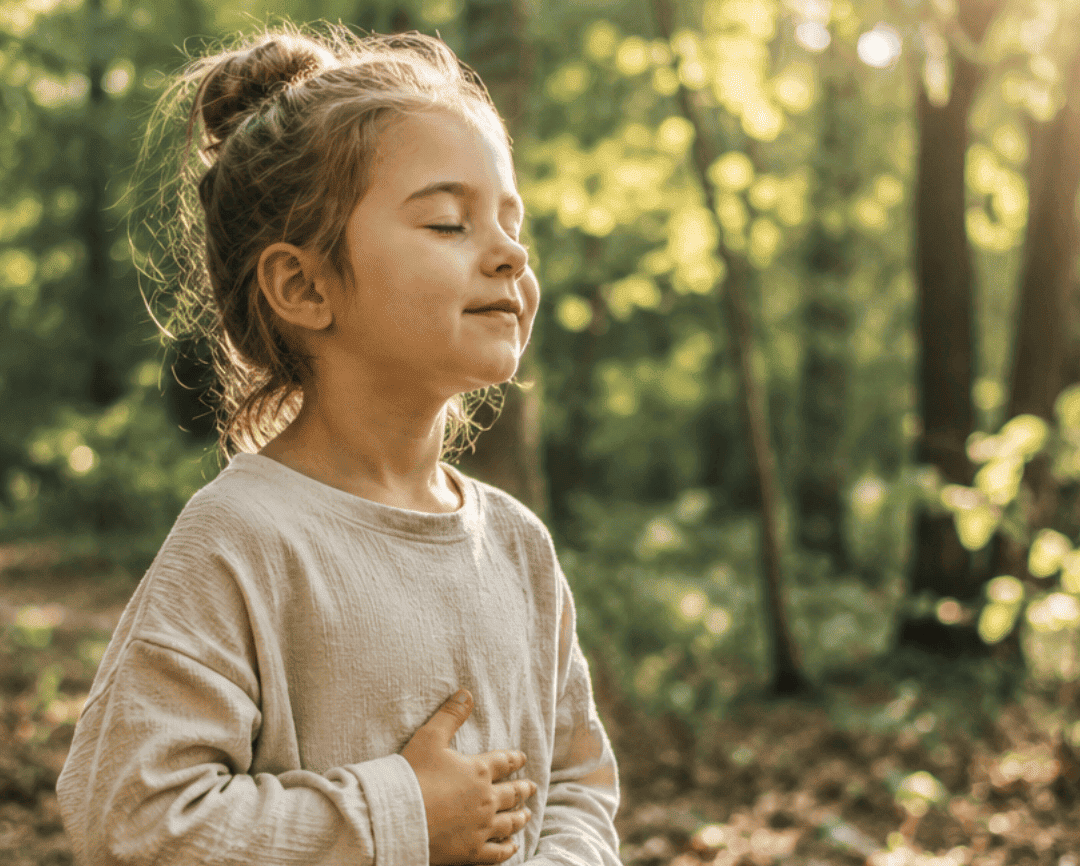 Mädchen sitzt entspannt im Wald, Hände auf dem Bauch – Körpergefühl und inneren Kompass bei Kindern von 5 bis 8 Jahren stärken. Mädchen sitzt entspannt im Wald, Hände auf dem Bauch – Körpergefühl und inneren Kompass bei Kindern von 5 bis 8 Jahren stärken.