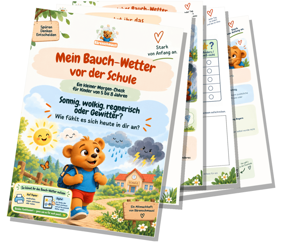 Kostenloses Mitmachheft Bauch-Wetter vor der Schule Kostenloses Mitmachheft für Kinder von 5 bis 8 Jahren, um Bauchgefühl und Körpersignale vor der Schule wahrzunehmen.