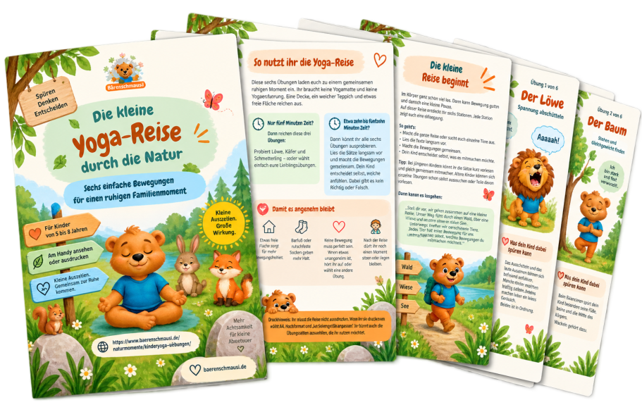 Kostenloses Mitmachheft Kinderyoga-Waldreise Kinderyoga-Waldreise als kostenloses Mitmachheft mit sechs Übungen für Ruhe, Körpergefühl und Entspannung.