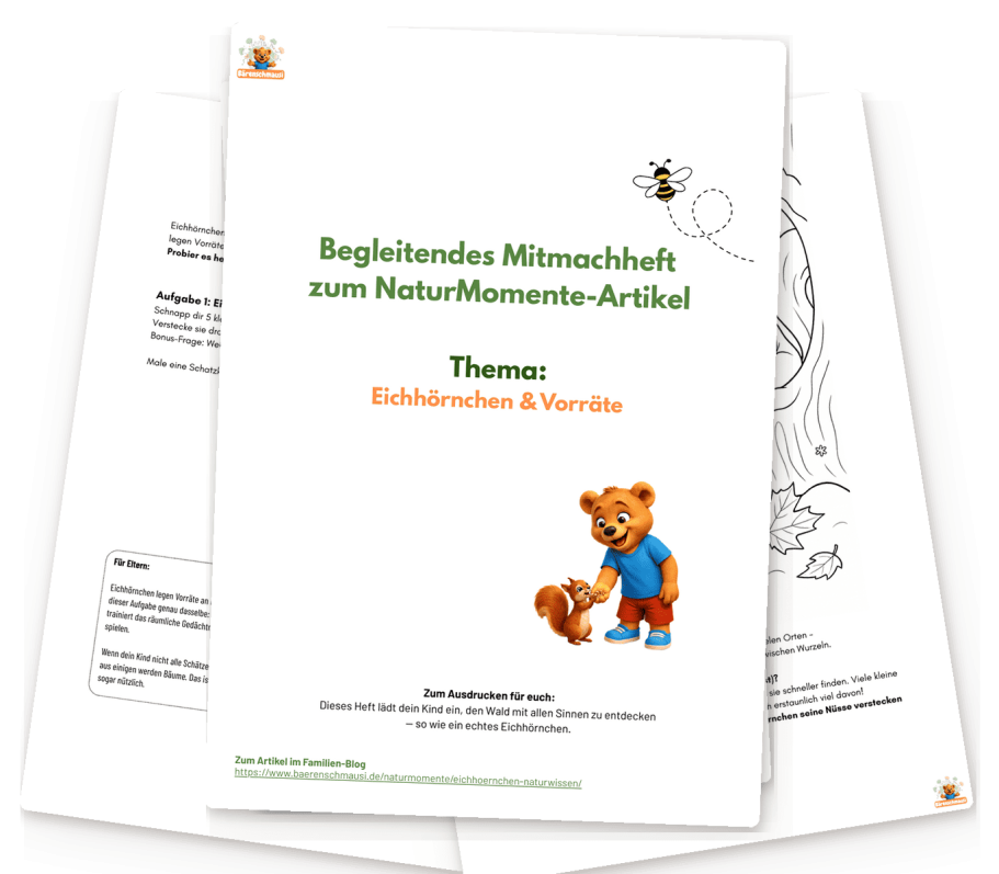 Kostenloses Mitmachheft Eichhörnchen und Vorräte Mitmachheft über Eichhörnchen und Vorräte, mit Naturaufgaben zum Sammeln, Verstecken und Entdecken mit allen Sinnen.