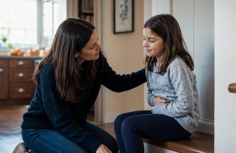 Sofort-Navigation bei Bauchweh – 5 Schritte für den akuten Moment Elternteil kniet neben Kind das den Bauch hält – ruhige Sofort-Reaktion bei akuten Bauchschmerzen Kinder 5–8 Jahre