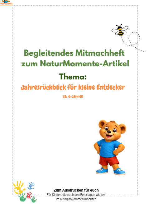 Kostenloses Mitmachheft für Kinder nach Weihnachten – Jahresrückblick für kleine Entdecker, ca. 6 Jahre, zum Ausdrucken