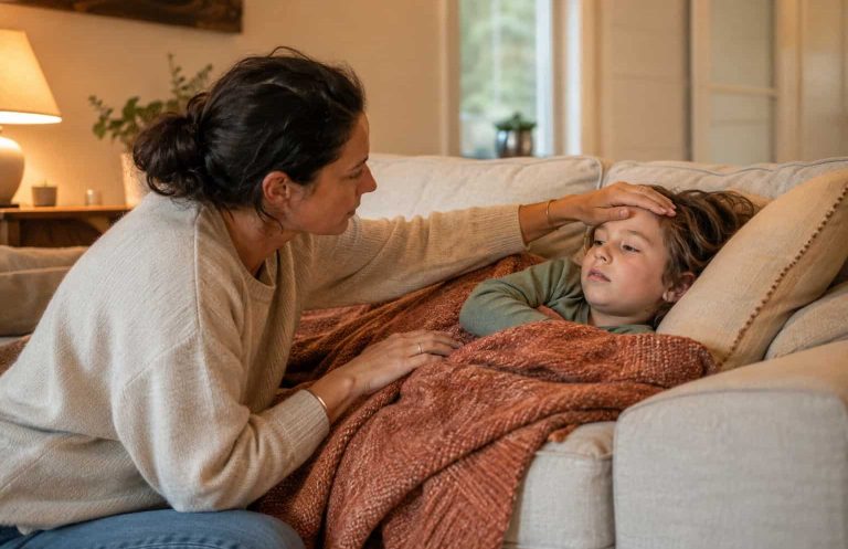 koerperfluestern-warnzeichen-bauchweh-kind-mutter-beobachtet Mutter beobachtet aufmerksam ihr Kind auf dem Sofa — ruhig und klar einschätzen wann beim Bauchweh ärztliche Hilfe nötig ist