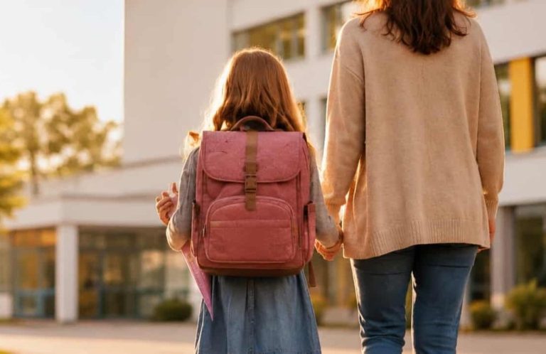 Einschulung vorbereiten Mutter begleitet ihr Kind mit Schulranzen auf dem Weg zur Schule