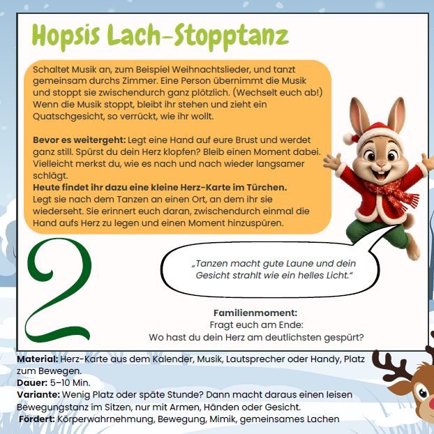 Ein Blick in zwei Türchen Beispielkarten aus dem Bärenschmausi Familien-Adventskalender: Hopsis Lach-Stopptanz