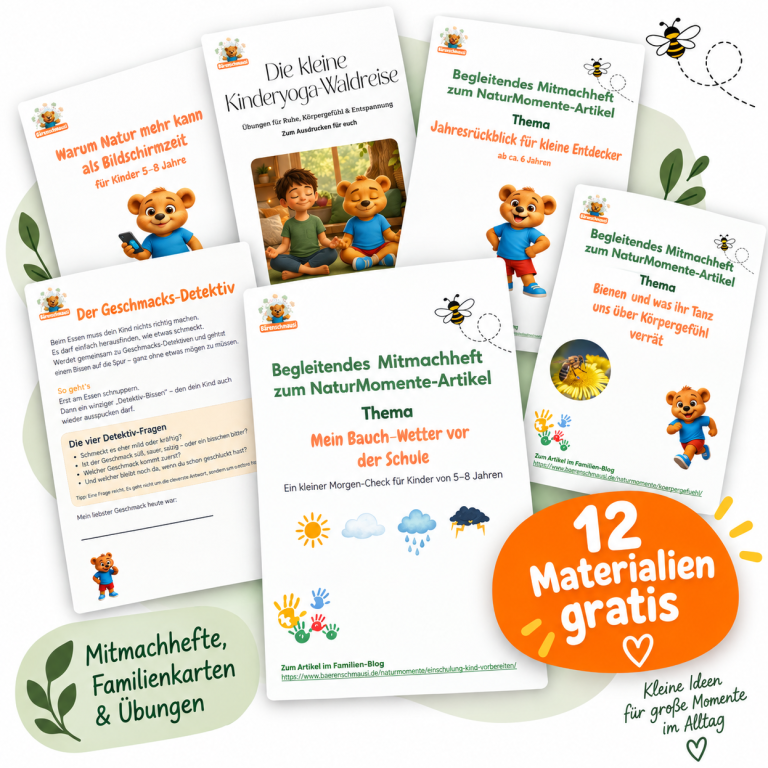 Kostenlose Spürmoment-Sammlung für Kinder von 5–8 Jahren Kostenlose Spürmoment-Sammlung von Bärenschmausi mit 12 Mitmachheften, Familienkarten und Übungen für Kinder von 5–8 Jahren