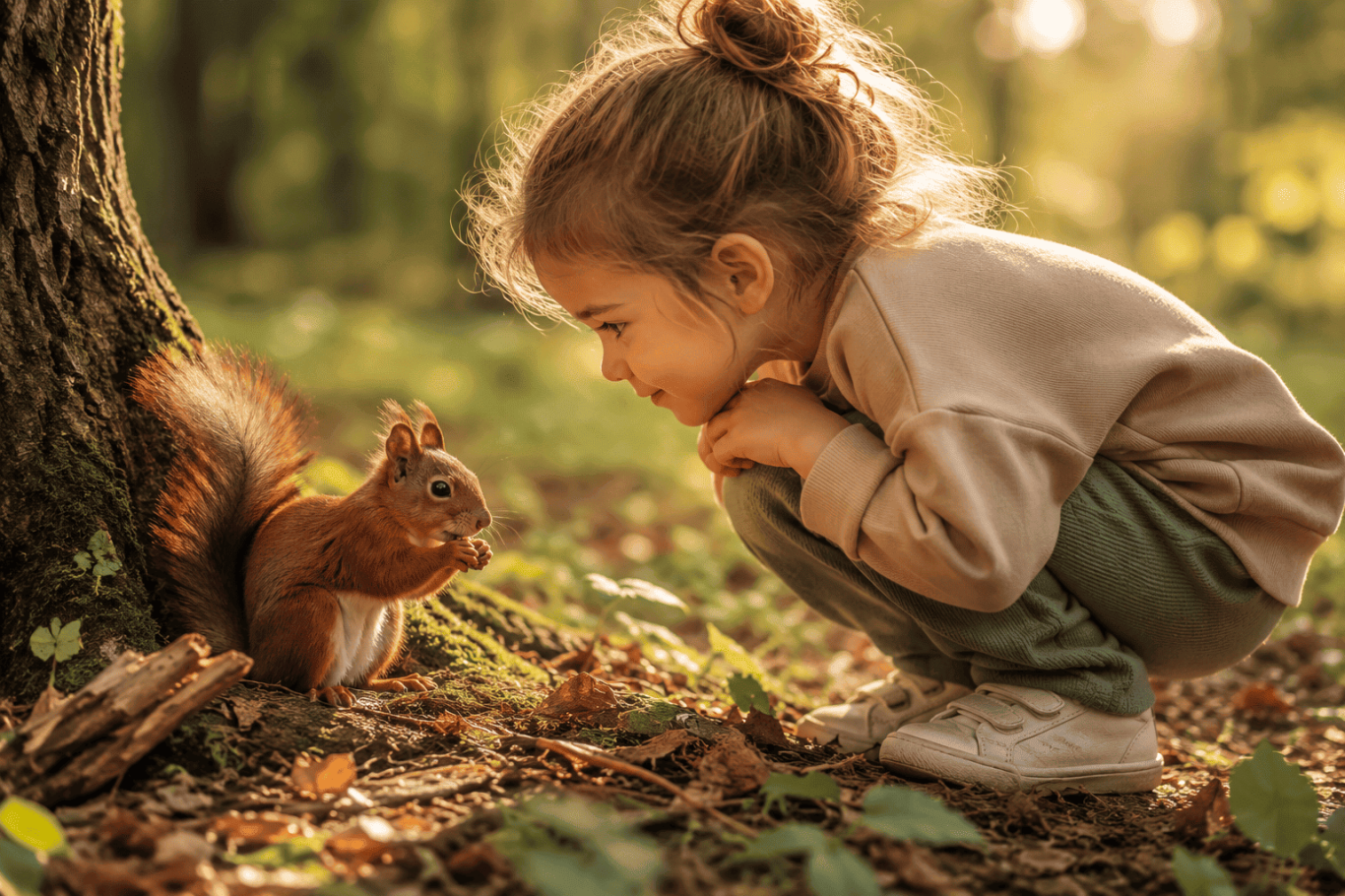Was Kinder vom Eichhörnchen lernen Kind beobachtet im Wald die Natur – was Kinder vom Eichhörnchen lernen können