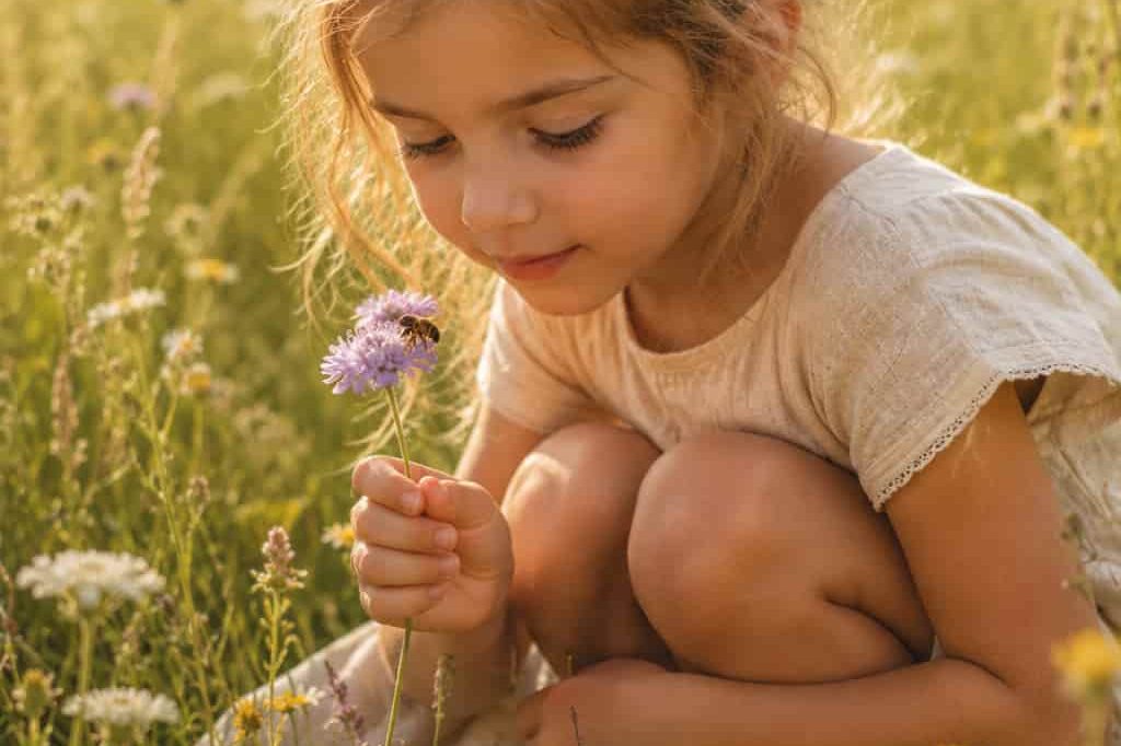 Körpergefühl bei Kindern stärken Mädchen riecht auf einer Wiese an einer Blume und stärkt sein Körpergefühl