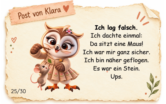 Post von Klara – Botschaft 25: Die Maus war ein Stein Illustrierte Botschaft von Eule Klara für Kinder von 5 bis 8 Jahren. Klara hält einen Stein für eine Maus und entdeckt, dass sie sich trotz