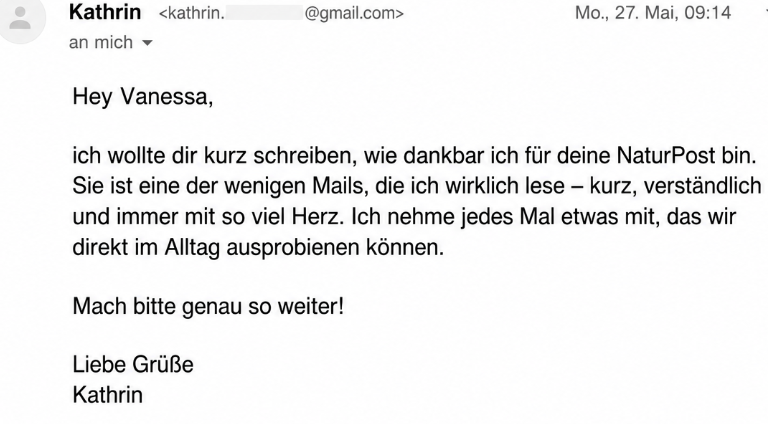 E-Mail einer Mutter über die NaturPost von Bärenschmausi und die alltagstauglichen Aha-Momente.